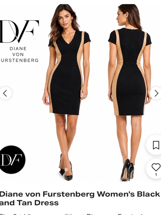 Diane Von Furstenberg Dresses & Skirts - Diane von Furstenberg Black and Tan V‑Neck Sheath Dress w/ leather cognac design